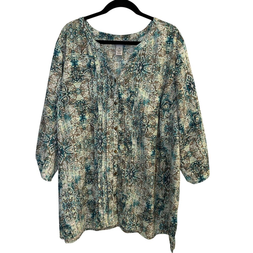 Catherines Printed Pintuck Blue Green Button Down 3/4 Sleeve Boho Plus Size 2X